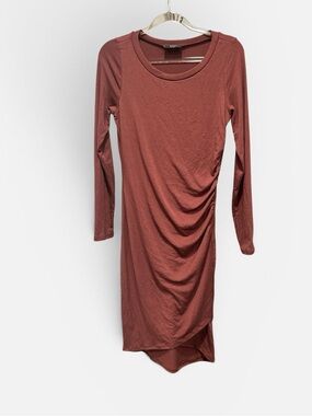 chic Rust Brown Long Sleeve Ruched Midi Dress
